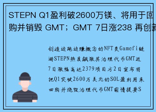 STEPN Q1盈利破2600万镁、将用于回购并销毁 GMT；GMT 7日涨238 再创新高