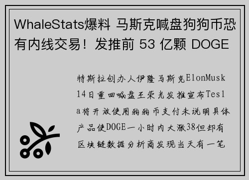 WhaleStats爆料 马斯克喊盘狗狗币恐有内线交易！发推前 53 亿颗 DOGE 转帐